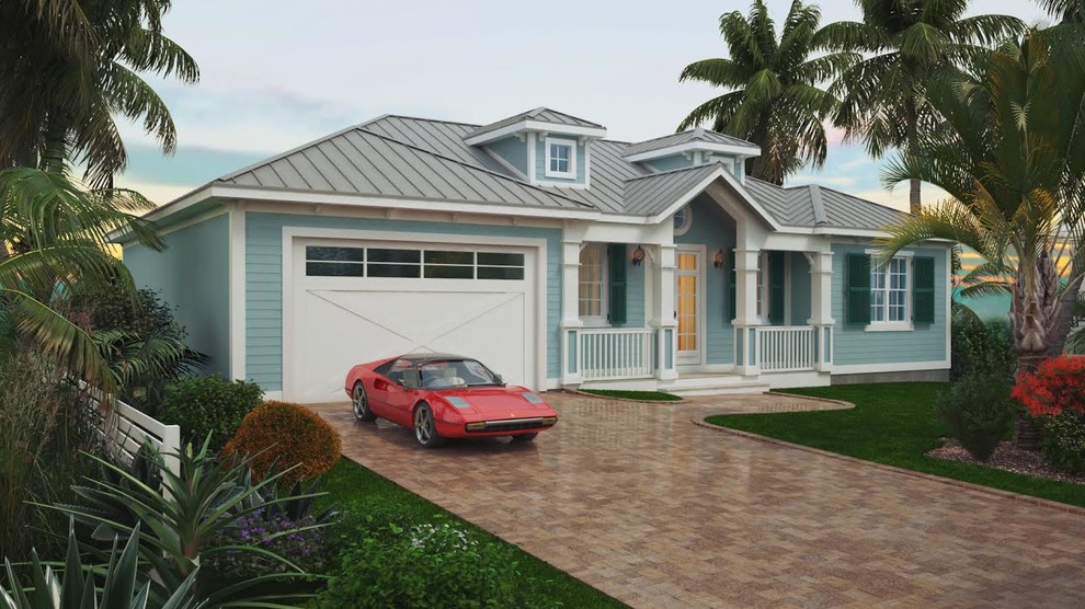 Свежая идея для дизайна: большой, одноэтажный, деревянный, синий частный загородный дом в современном стиле с вальмовой крышей и металлической крышей - отличное фото интерьера