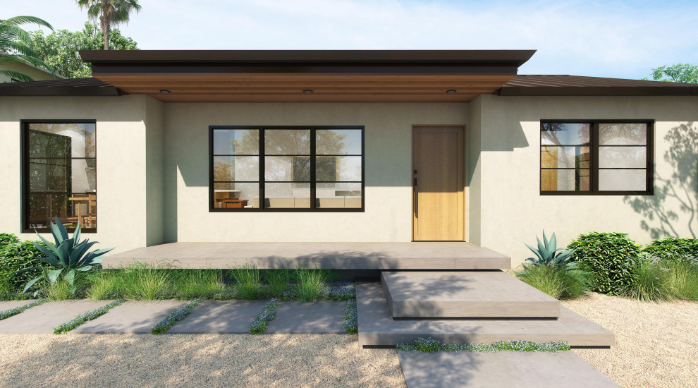 Idee per la villa beige contemporanea a un piano di medie dimensioni con rivestimento in stucco, tetto a capanna e copertura a scandole