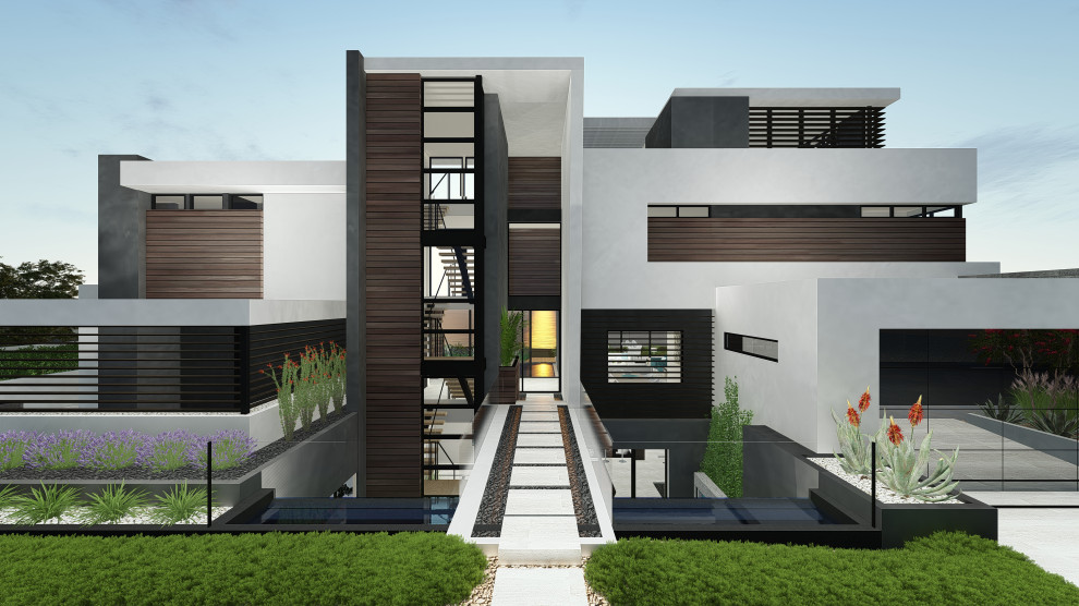 Идея дизайна: огромный, четырехэтажный частный загородный дом в современном стиле с плоской крышей