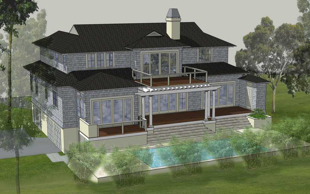 Idées déco pour une grande façade de maison grise bord de mer en bois à un étage avec un toit à quatre pans et un toit en shingle.
