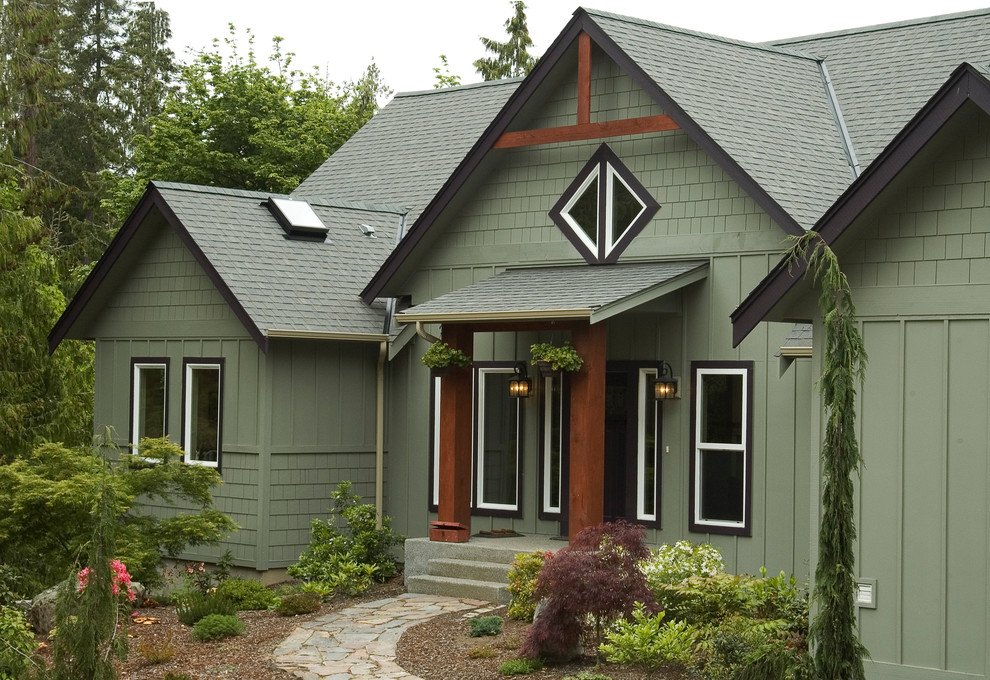 Design ideas for a green rustic house exterior in Seattle.