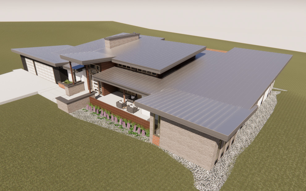 This is an example of an expansive bungalow render detached house in Other with a butterfly roof and a metal roof.