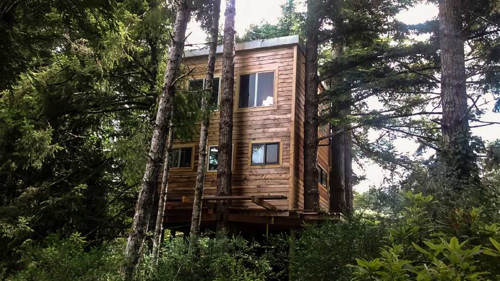 Idées déco pour une petite façade de maison moderne en bois à un étage.