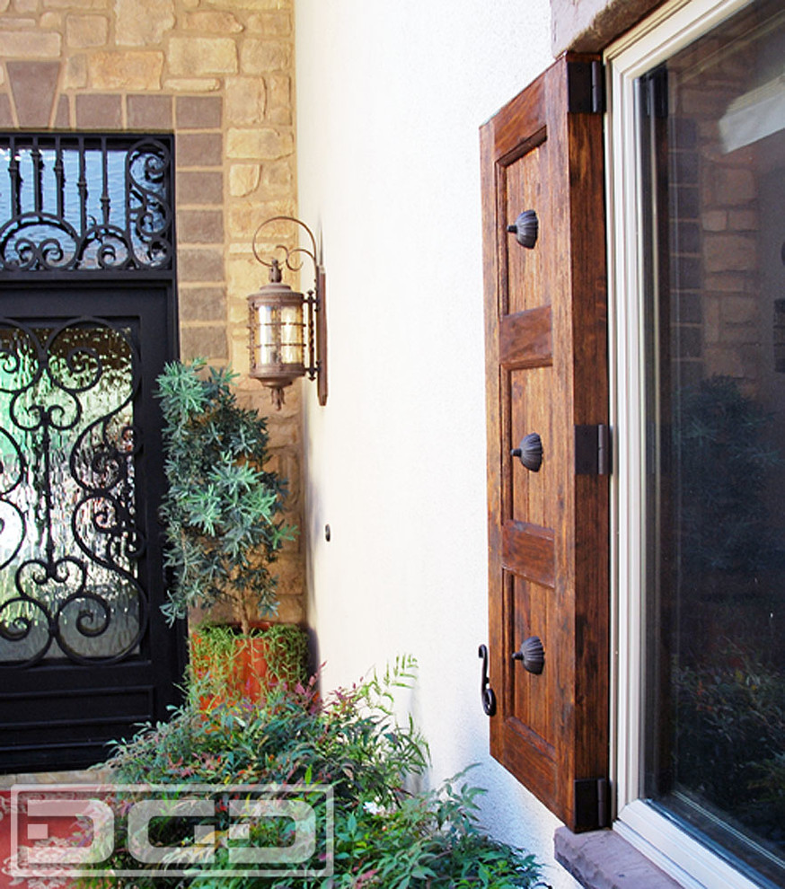 Custom WireBrushed Spanish Shutter in Rustic Alder Wood Rustic Exterior Orange County