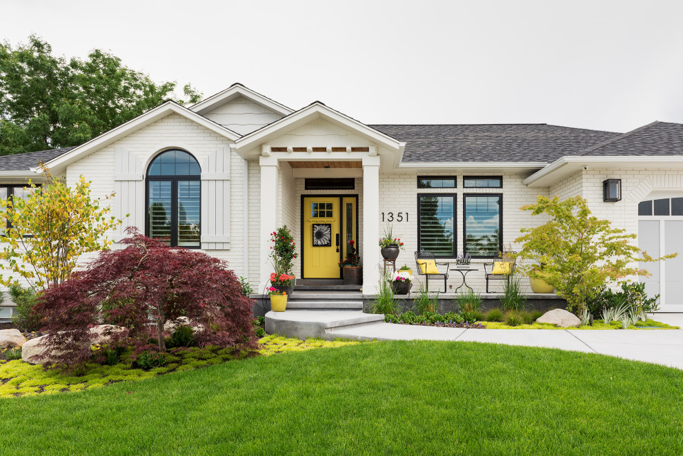 Design ideas for a white traditional bungalow brick detached house in Salt Lake City with a pitched roof and a shingle roof.