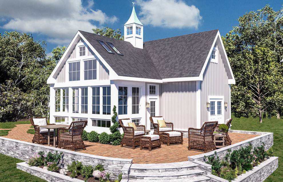 Small farmhouse gray two-story wood exterior home idea in Providence