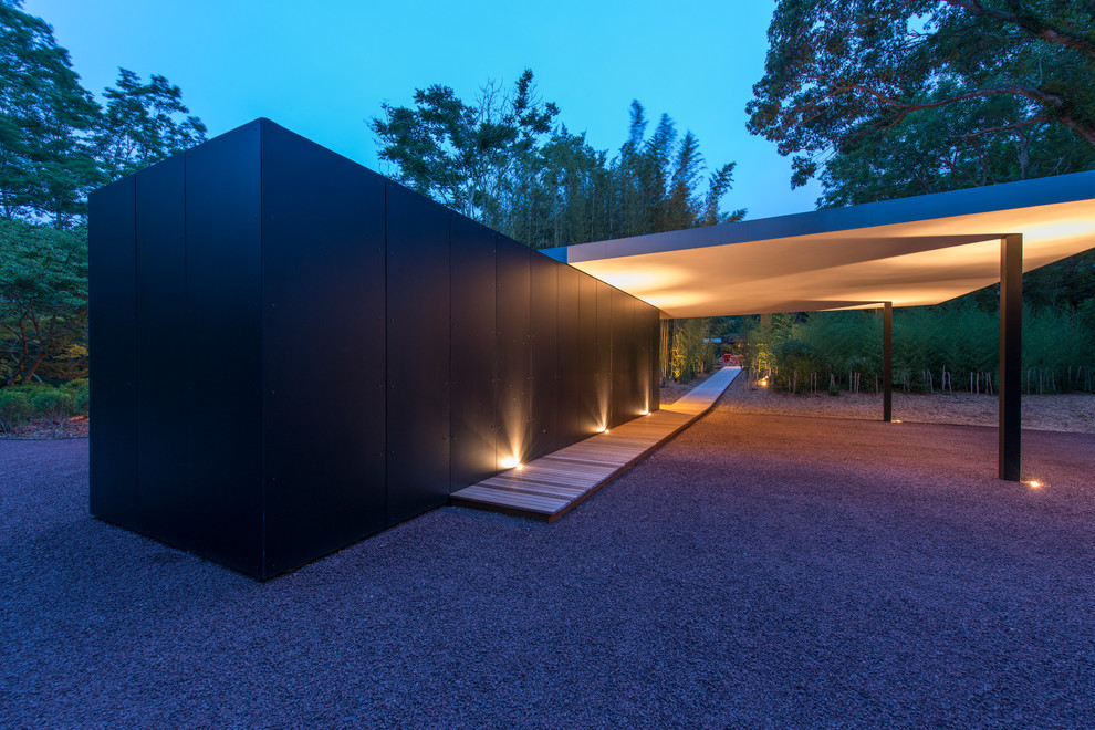 Idée de décoration pour une façade de maison noire minimaliste de plain-pied avec un toit plat.