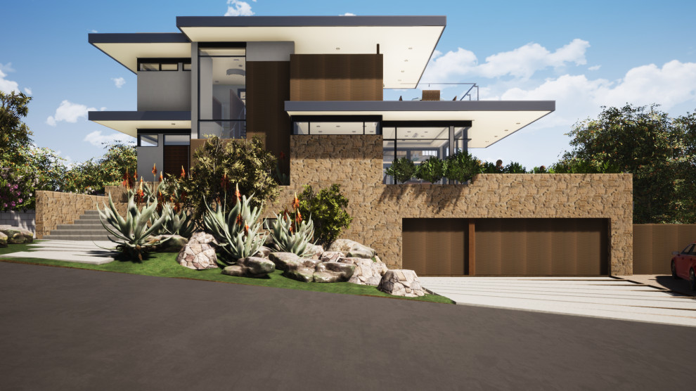 Идея дизайна: двухэтажный, разноцветный частный загородный дом среднего размера в стиле ретро с облицовкой из камня, плоской крышей и металлической крышей