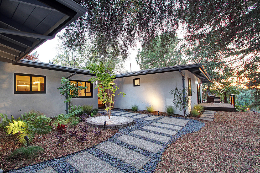 Mid-century modern white one-story stucco exterior home idea in Los Angeles with a gambrel roof