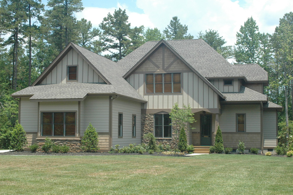 Example of a mid-sized arts and crafts gray two-story mixed siding exterior home design in Charlotte