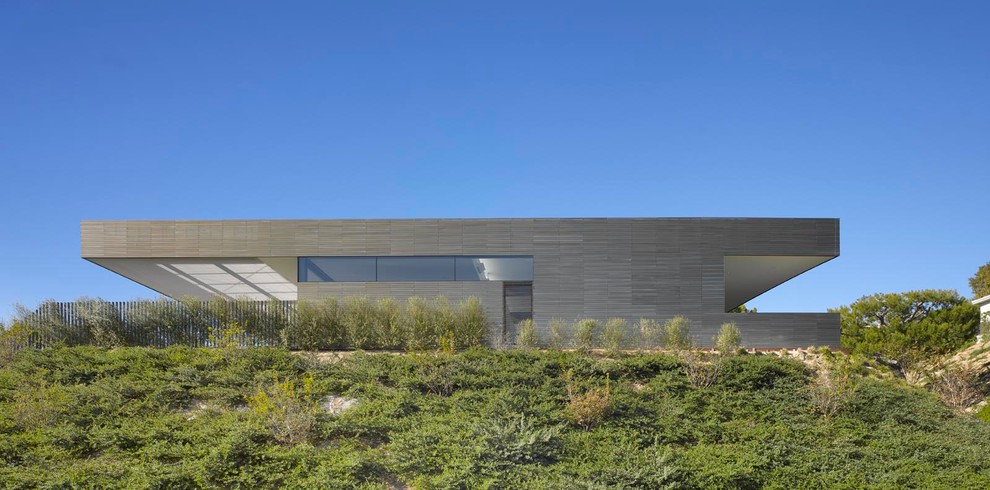 Diseño de fachada de casa gris actual grande de una planta con revestimiento de metal y tejado plano
