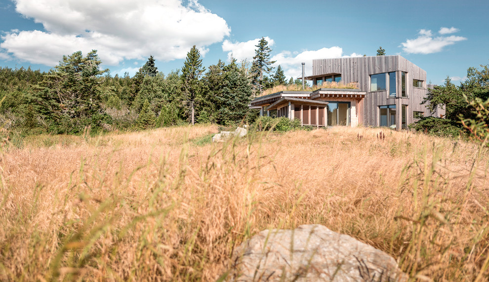 Aménagement d'une façade de maison grise scandinave en bois de taille moyenne et à un étage avec un toit plat et un toit végétal.