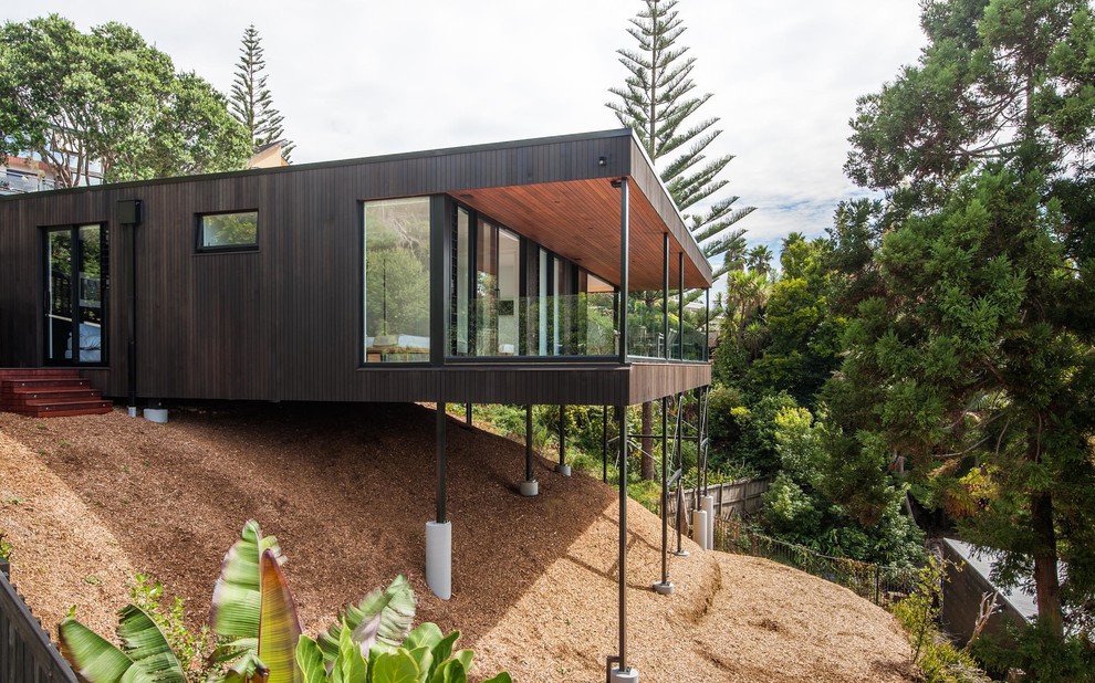 Photo of a brown contemporary bungalow detached house in Auckland with wood cladding and a flat roof.