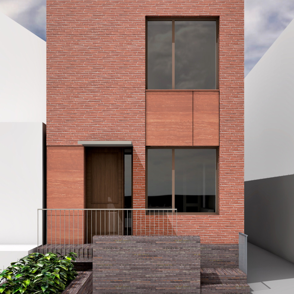Источник вдохновения для домашнего уюта: двухэтажный, кирпичный, красный таунхаус среднего размера в стиле модернизм
