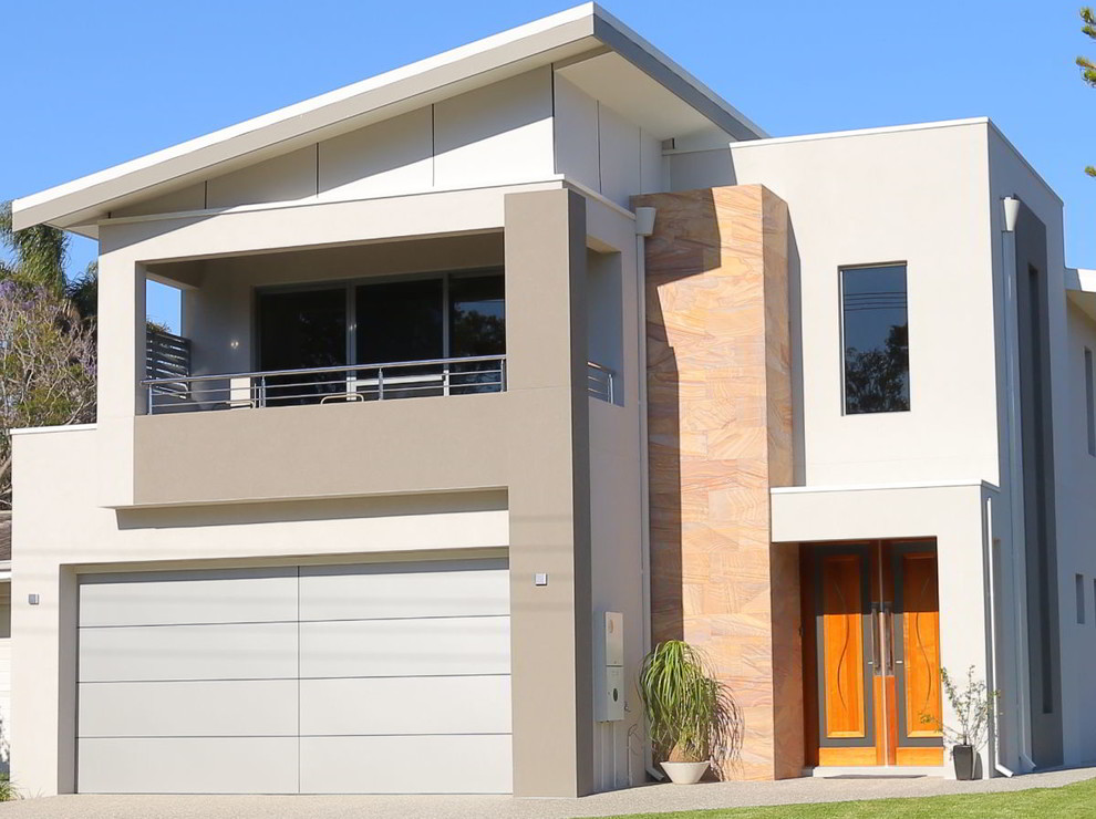 Großes, Zweistöckiges Modernes Einfamilienhaus mit Mix-Fassade, bunter Fassadenfarbe und Flachdach in Perth