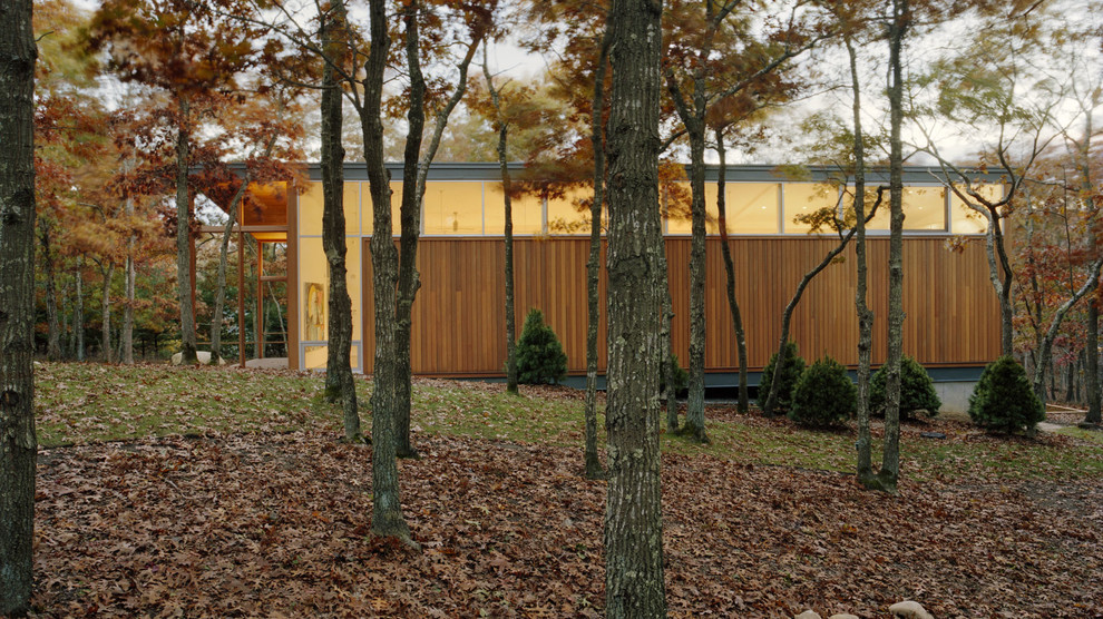 Modern house exterior in New York with wood cladding.