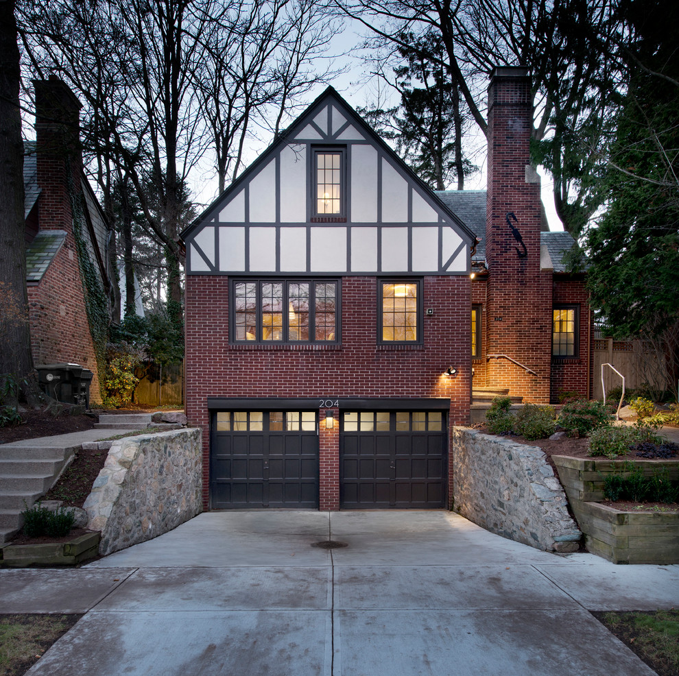Inspiration for a mid-sized timeless red three-story brick gable roof remodel in Boston