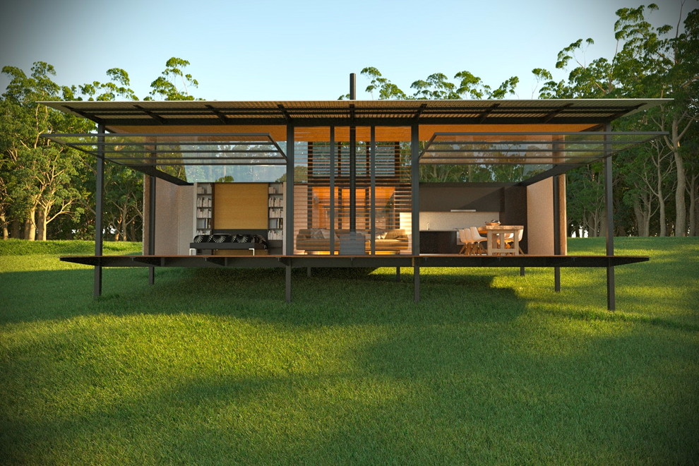Стильный дизайн: маленький, одноэтажный, стеклянный, черный дом в стиле модернизм для на участке и в саду, охотников - последний тренд