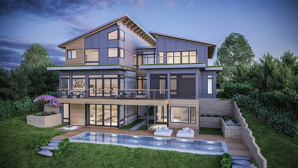 Идея дизайна: большой, трехэтажный, деревянный, серый дом в современном стиле