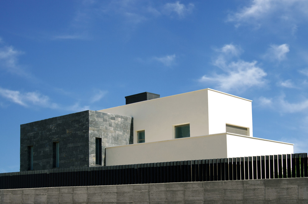 Modelo de fachada blanca contemporánea de dos plantas con revestimiento de piedra