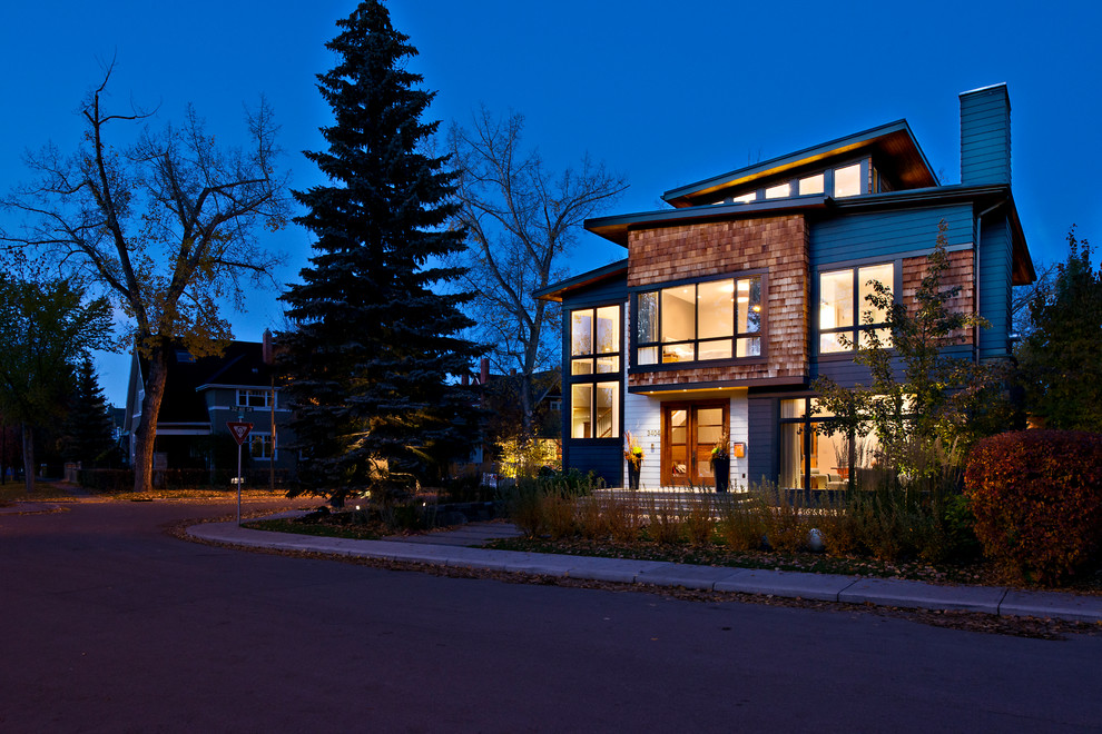 Idée de décoration pour une grande façade de maison grise design à un étage avec un revêtement en vinyle et un toit plat.