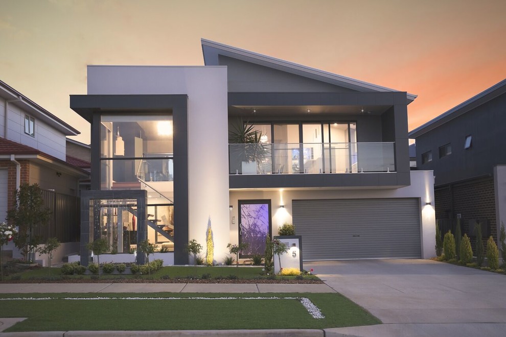 Großes, Zweistöckiges Modernes Einfamilienhaus mit Betonfassade, weißer Fassadenfarbe und Flachdach in Canberra - Queanbeyan