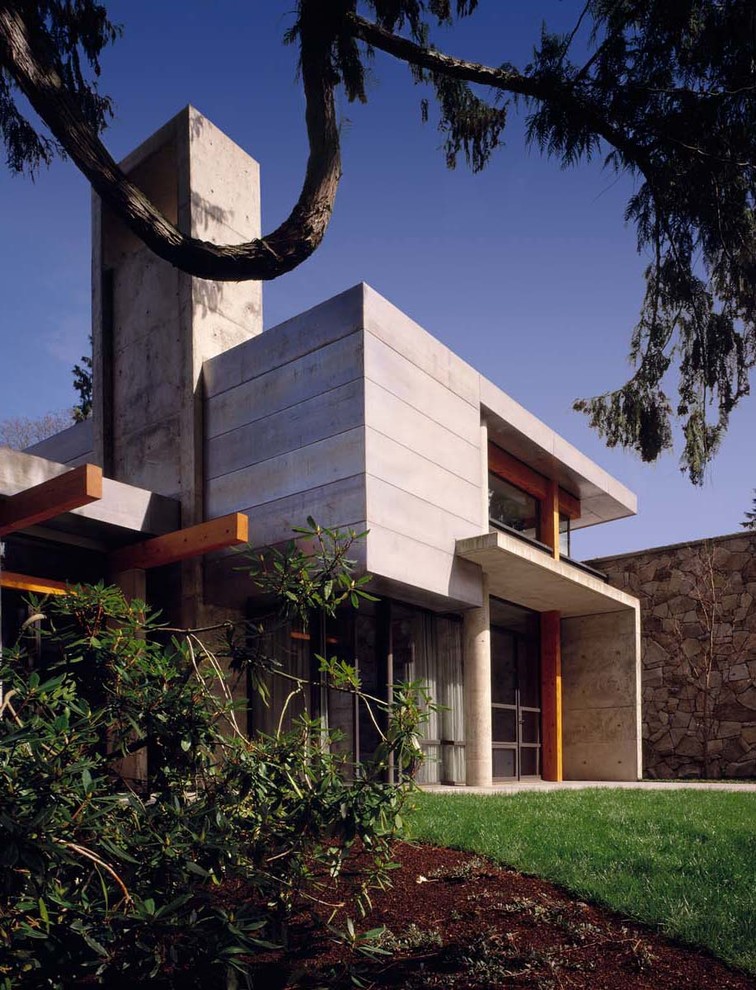 На фото: большой, двухэтажный, серый дом в стиле модернизм с комбинированной облицовкой с