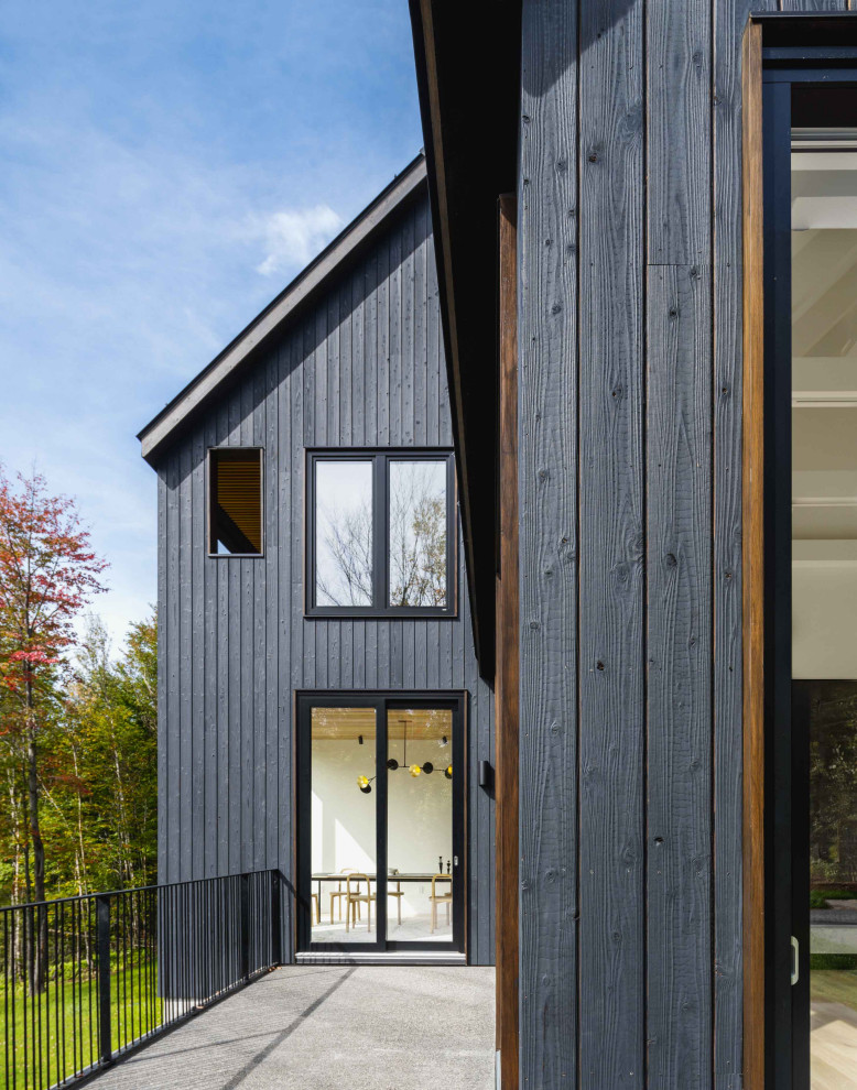 Réalisation d'une grande façade de maison noire minimaliste en bois à deux étages et plus.