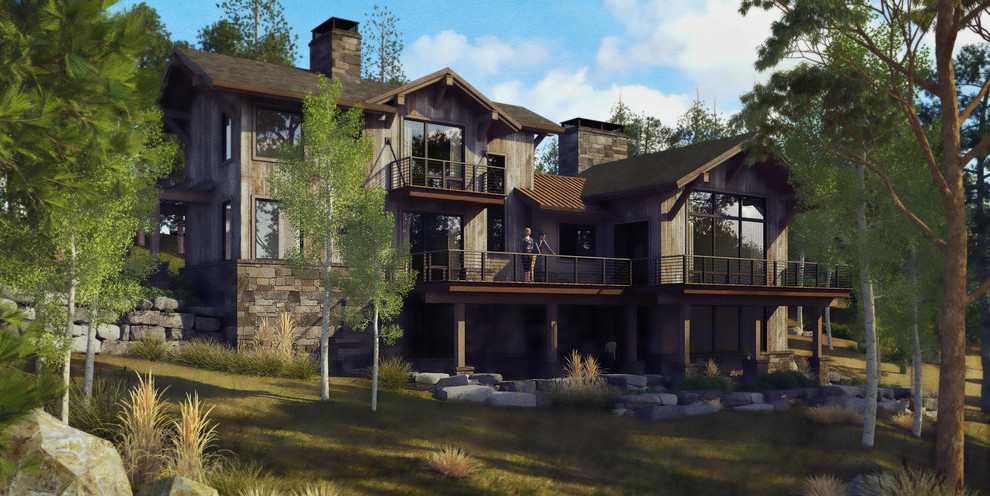 Cette photo montre une façade de maison grise montagne en bois à deux étages et plus avec un toit à deux pans et un toit mixte.