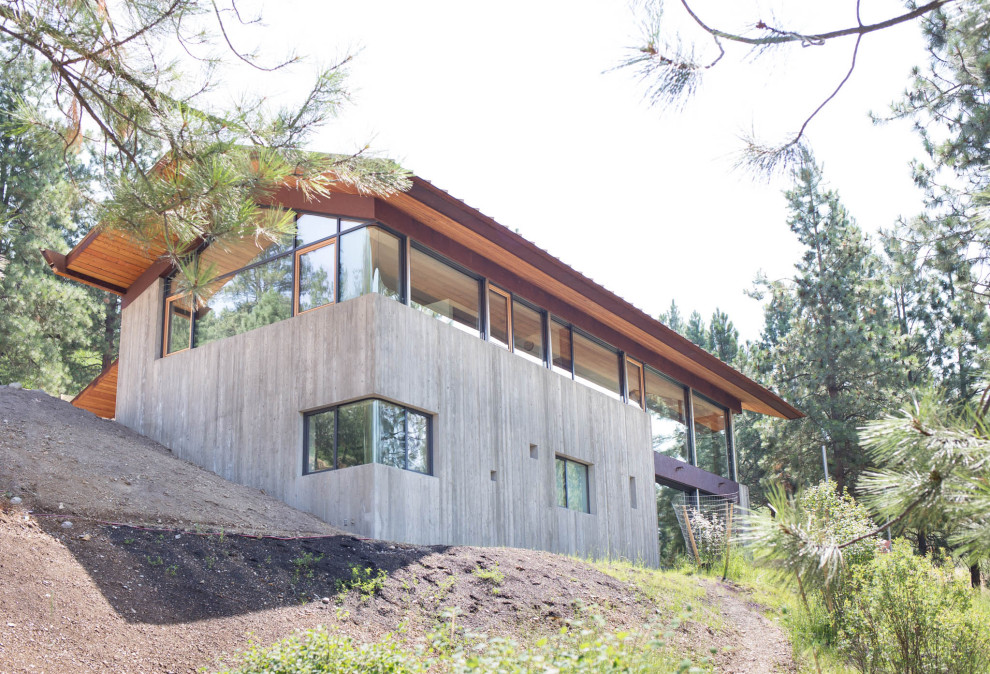 Cette image montre une façade de maison grise chalet en béton de taille moyenne et à un étage avec un toit à deux pans et un toit en métal.