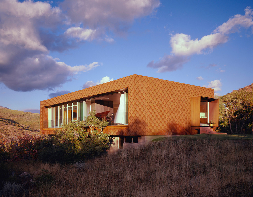 Exempel på ett mellanstort modernt brunt hus, med metallfasad och platt tak
