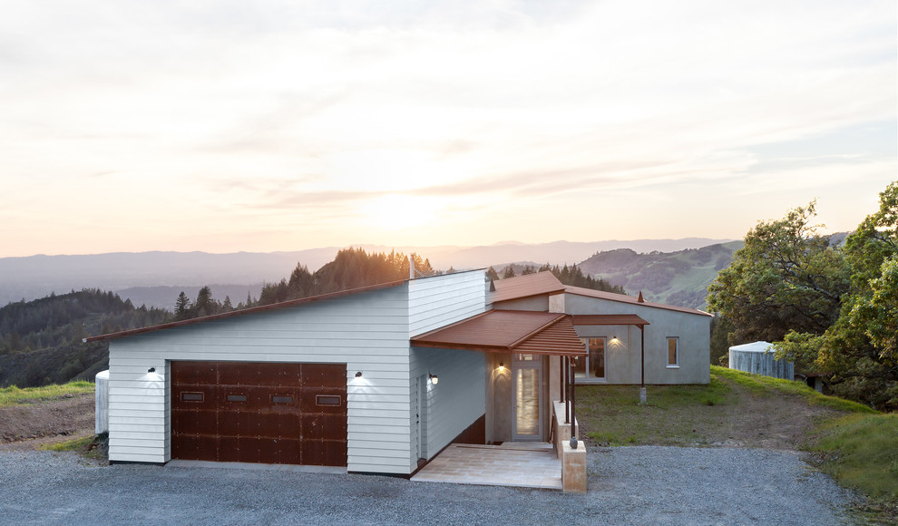 Cette photo montre une petite façade de maison verte tendance en stuc de plain-pied avec un toit en appentis.