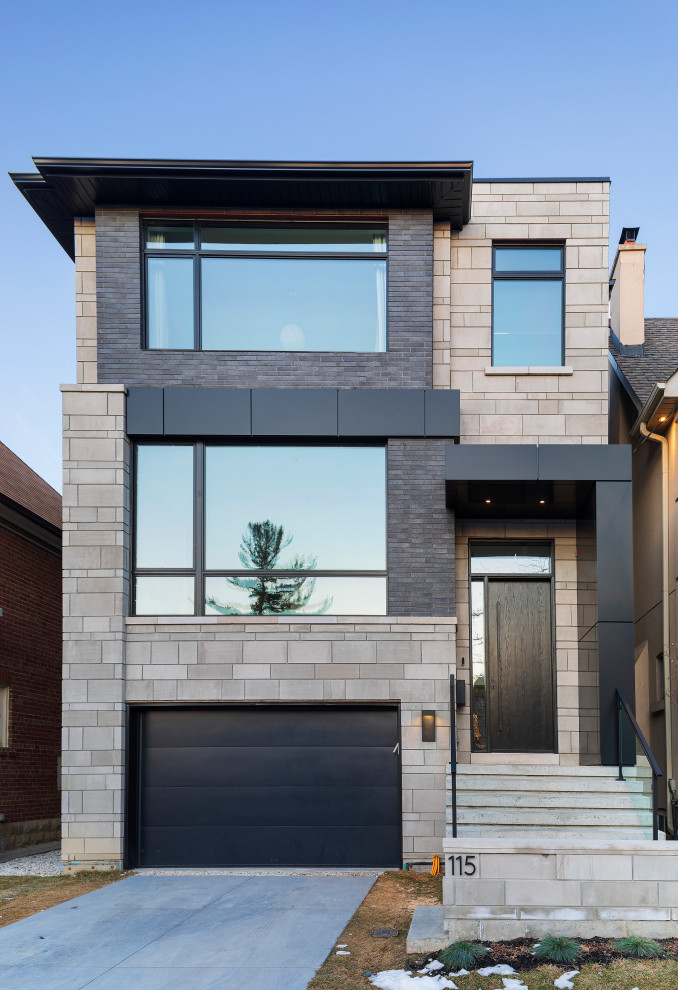 Photo of a medium sized and white contemporary two floor brick detached house in Toronto with a hip roof and a shingle roof.