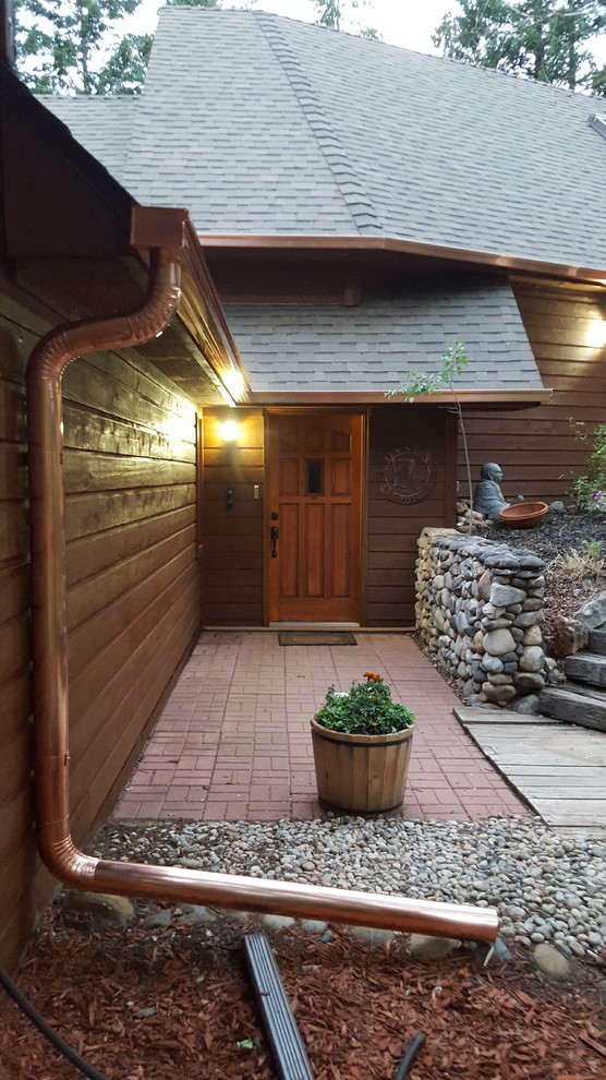 Evergreen Copper Box Gutter & Copper Round Downspout Rustic