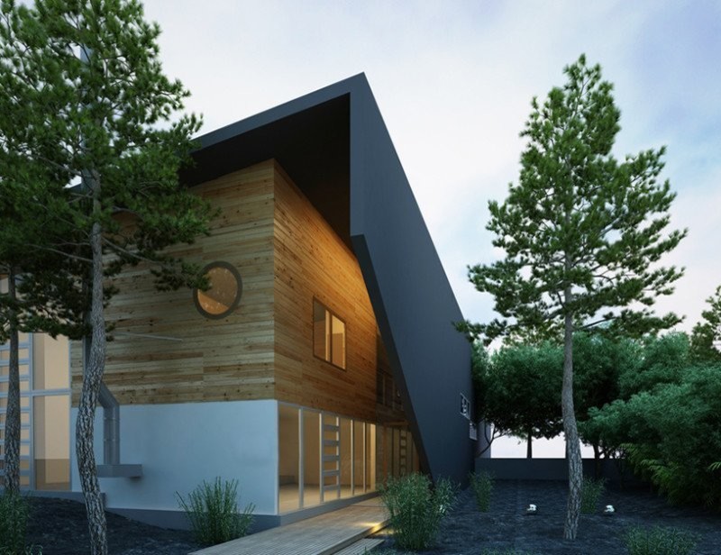 На фото: двухэтажный, деревянный, бежевый дом среднего размера в скандинавском стиле