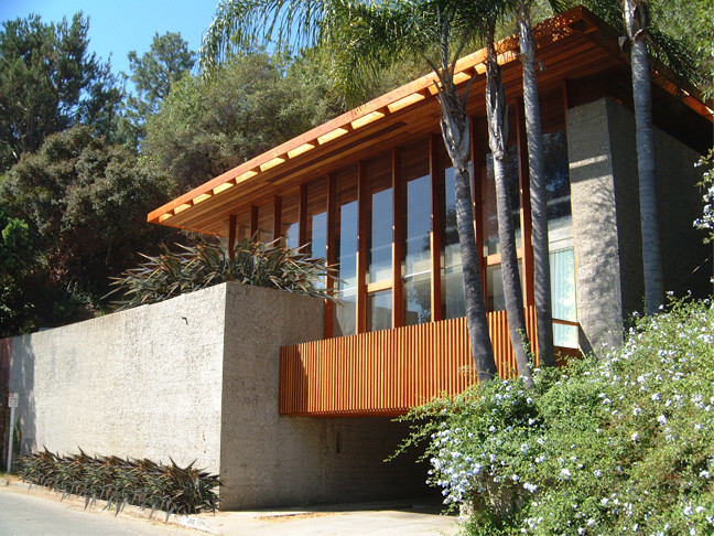Diseño de fachada de casa marrón minimalista de tamaño medio de dos plantas con revestimiento de madera y tejado plano