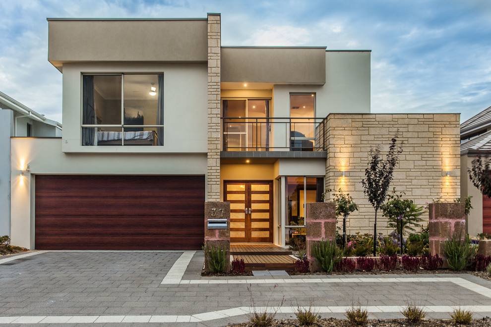 Zweistöckiges Modernes Haus mit Mix-Fassade, beiger Fassadenfarbe und Flachdach in Perth