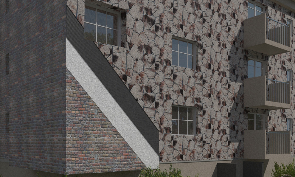 Kleines Modernes Haus mit Steinfassade und weißer Fassadenfarbe in Los Angeles