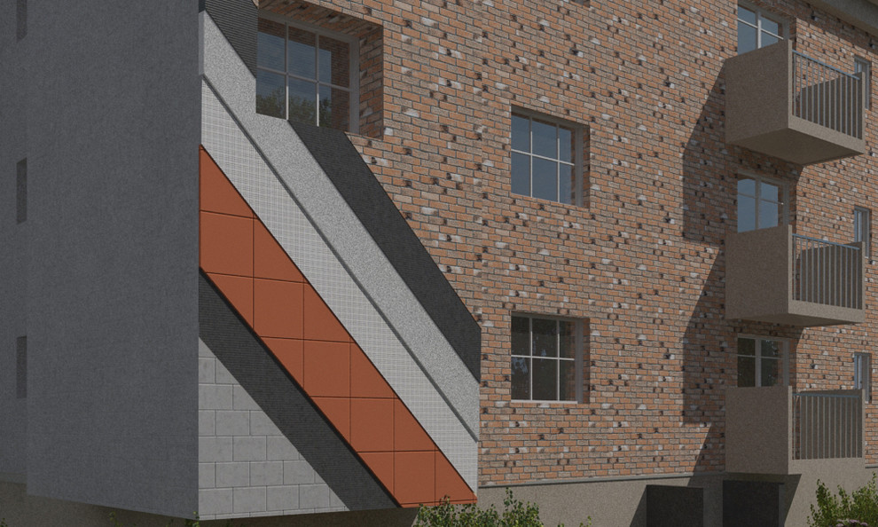 Foto della facciata di una casa piccola marrone moderna con rivestimento in mattoni