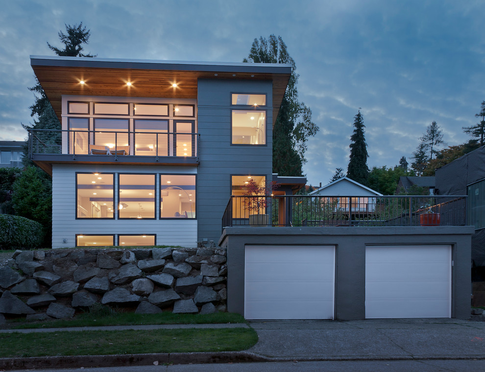 Design ideas for a gey contemporary house exterior in Seattle.