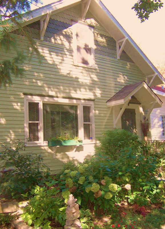 Mittelgroßes, Zweistöckiges Rustikales Haus mit Vinylfassade, grüner Fassadenfarbe und Satteldach in Chicago
