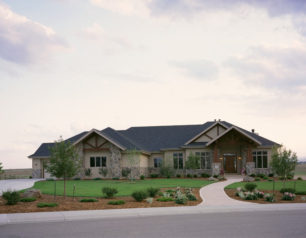 Large and beige rustic bungalow render house exterior in Denver with a pitched roof.