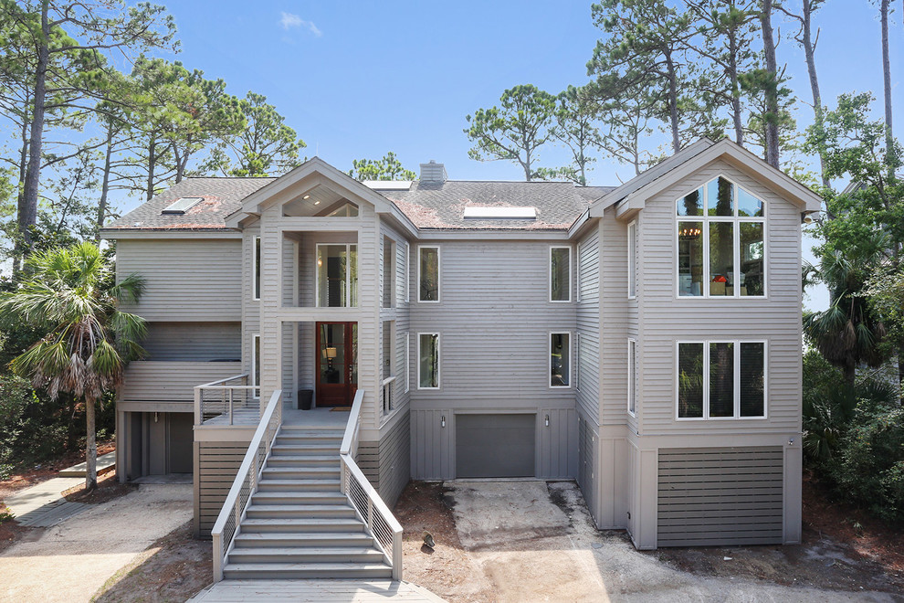 Large transitional gray two-story mixed siding gable roof idea in Charleston