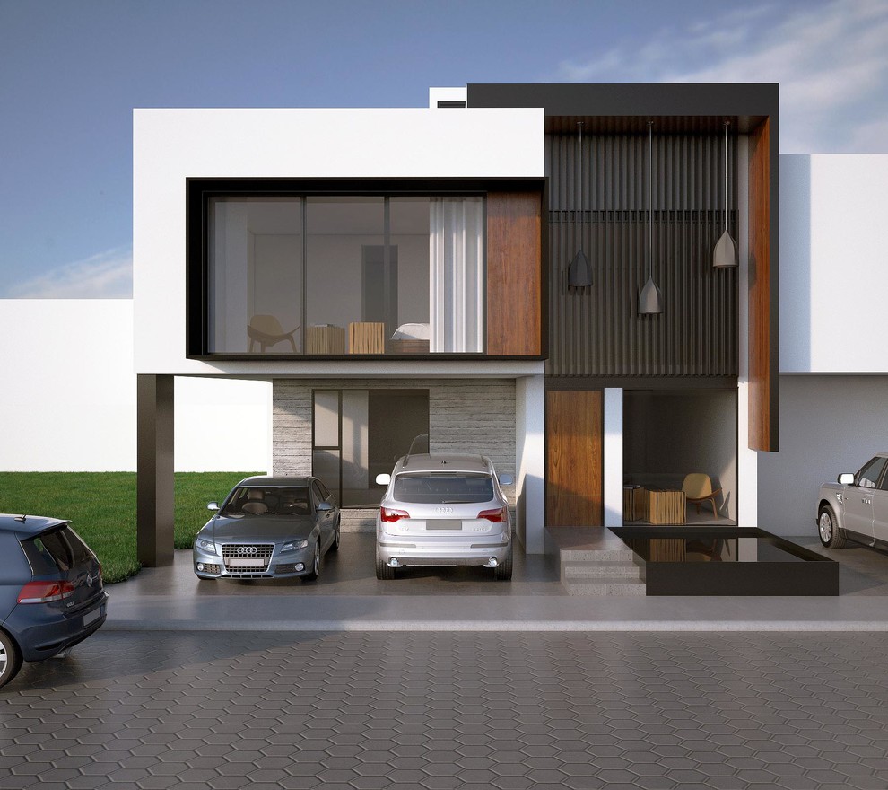 Идея дизайна: трехэтажный, кирпичный, белый дом среднего размера в стиле модернизм