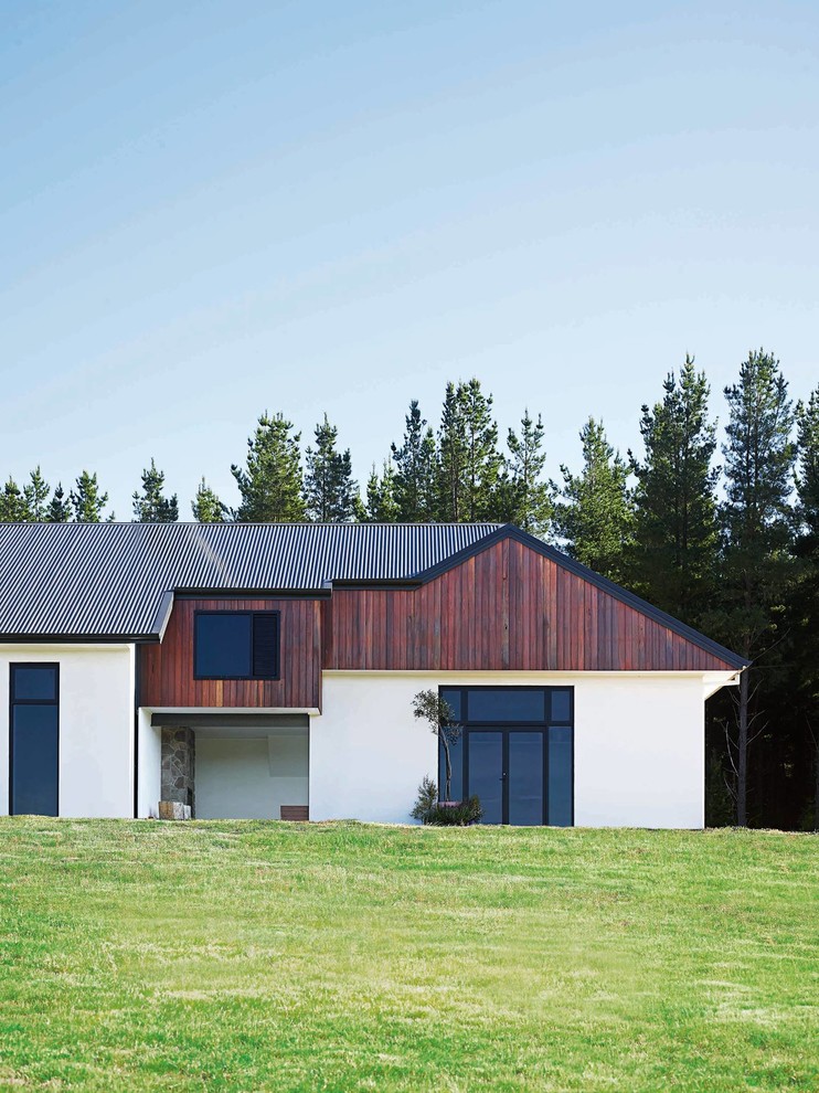 Foto della villa ampia bianca country a un piano con rivestimento in cemento, tetto a capanna e copertura in metallo o lamiera