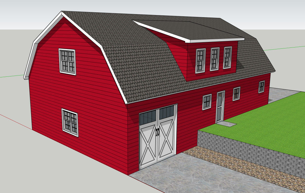 Modelo de fachada roja de estilo de casa de campo de tamaño medio de dos plantas con revestimiento de madera, tejado a doble faldón y tejado de teja de madera