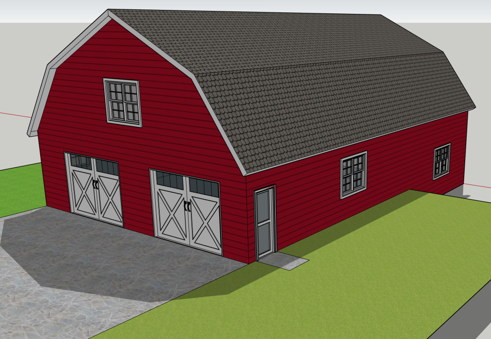 Идея дизайна: двухэтажный, деревянный, красный дом среднего размера в стиле кантри с мансардной крышей и крышей из гибкой черепицы