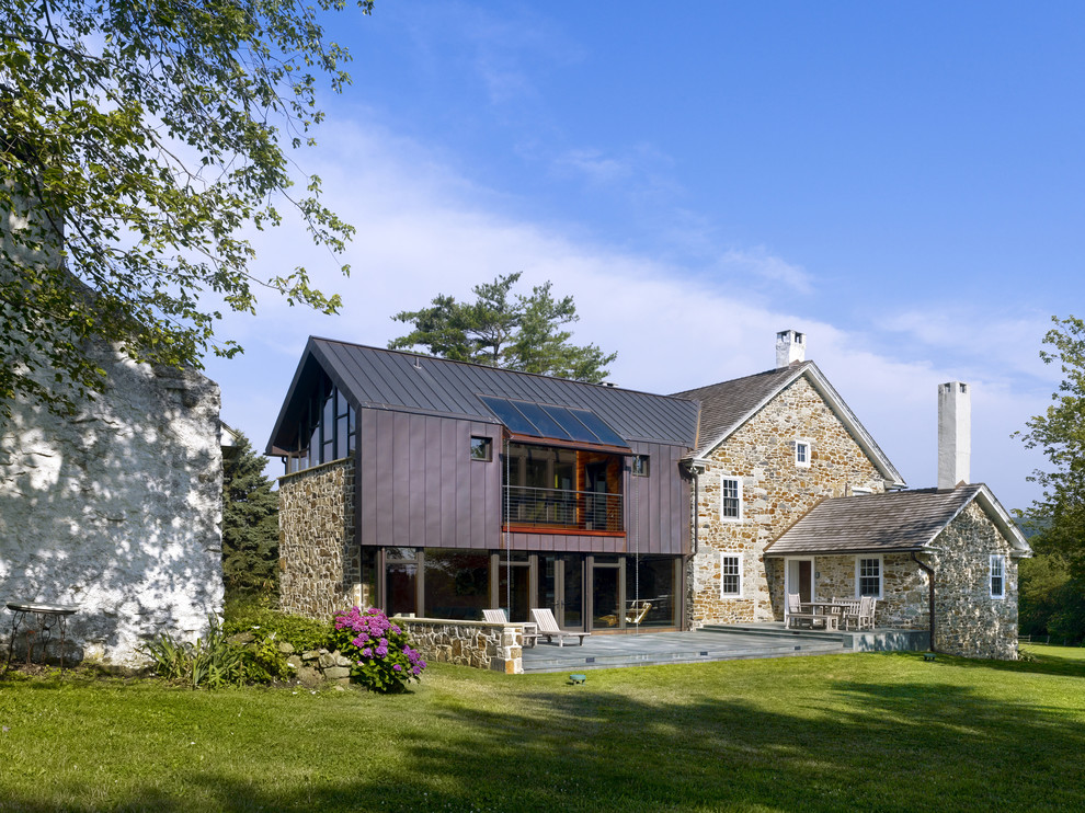 Farmhouse brown two-story mixed siding gable roof idea in Philadelphia