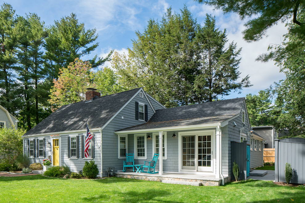 Inspiration for a mid-sized cottage gray one-story wood gable roof remodel in Boston