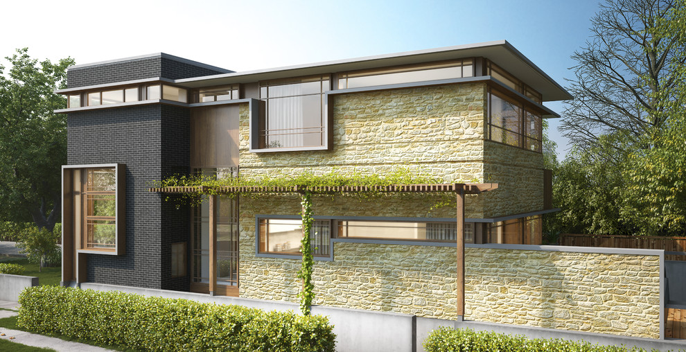 Inspiration pour une grande façade de maison multicolore vintage en pierre à un étage avec un toit plat.